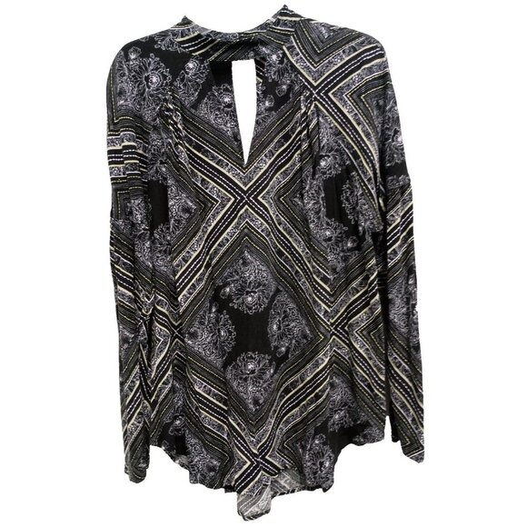 Free People Womens Walking On A Dream Tunic Top Medium Black Floral Keyhole BOHO - Picture 1 of 7